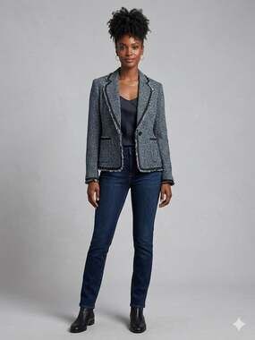 Anne Klein Blue and White Tweed Fringe Trim One-Button Blazer Size 8